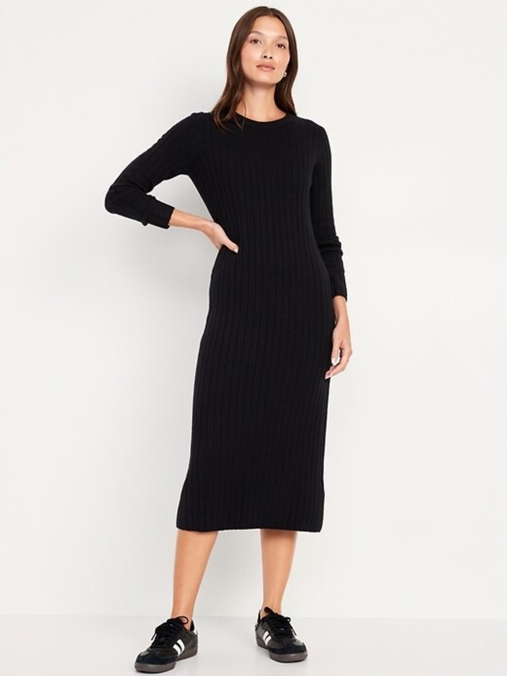 Old Navy SoSoft Midi Sweater Dress -  Black Rib Knit Long Sleeve Midi Dress